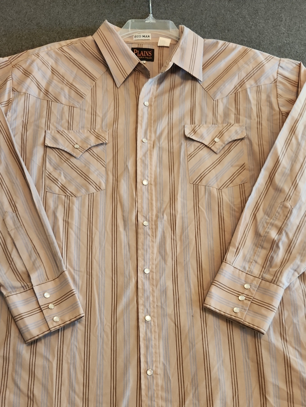 Plains Western Wear Long Sleeve Pearl Snap Tan Striped Button-Down Shirt Sze 2XL